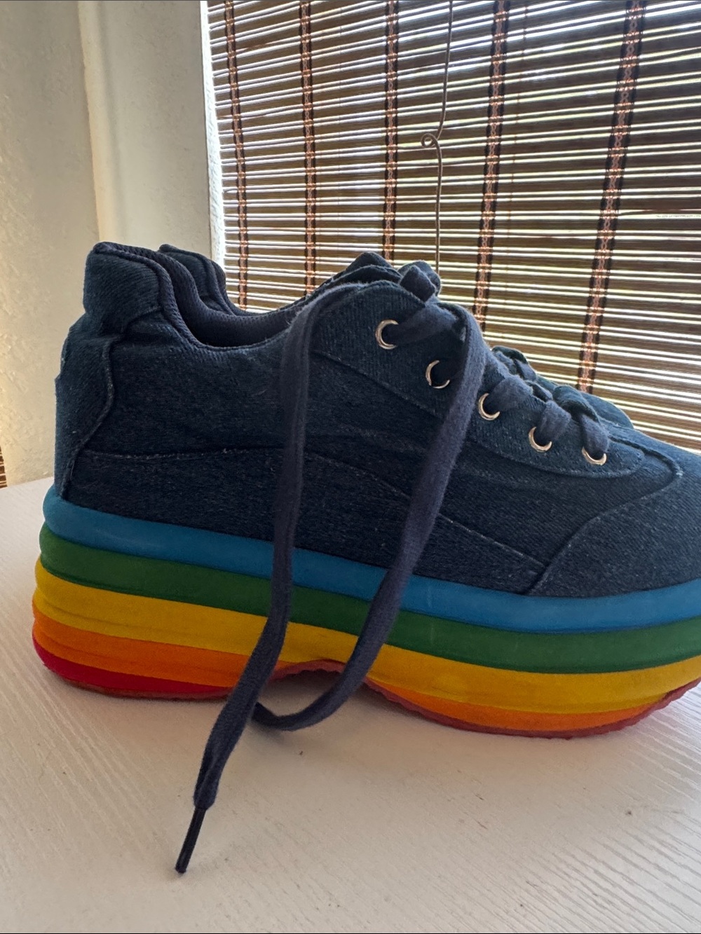 Jeffrey Campbell Navy Denim Platform Sneakers with Rainbow Layered Sole - Picture 3 of 7